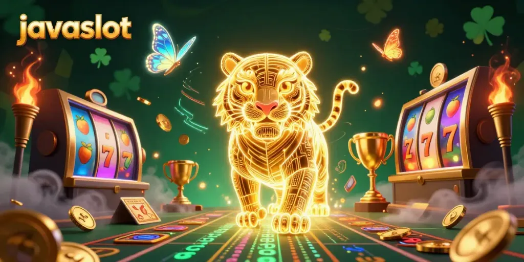 Permainan javaslot dengan macan emas bercahaya di kasino digital yang memukau.