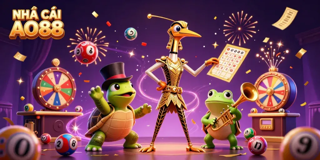 Engage with NHÀ CÁI AO88 in this vibrant 3D casino scene showcasing lively characters amidst dynamic gaming elements.