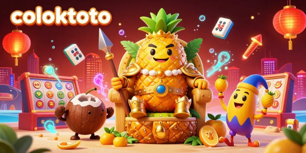 Engage with coloktoto's vibrant beach casino scene featuring a golden pineapple king, game elements, and festive decorations.