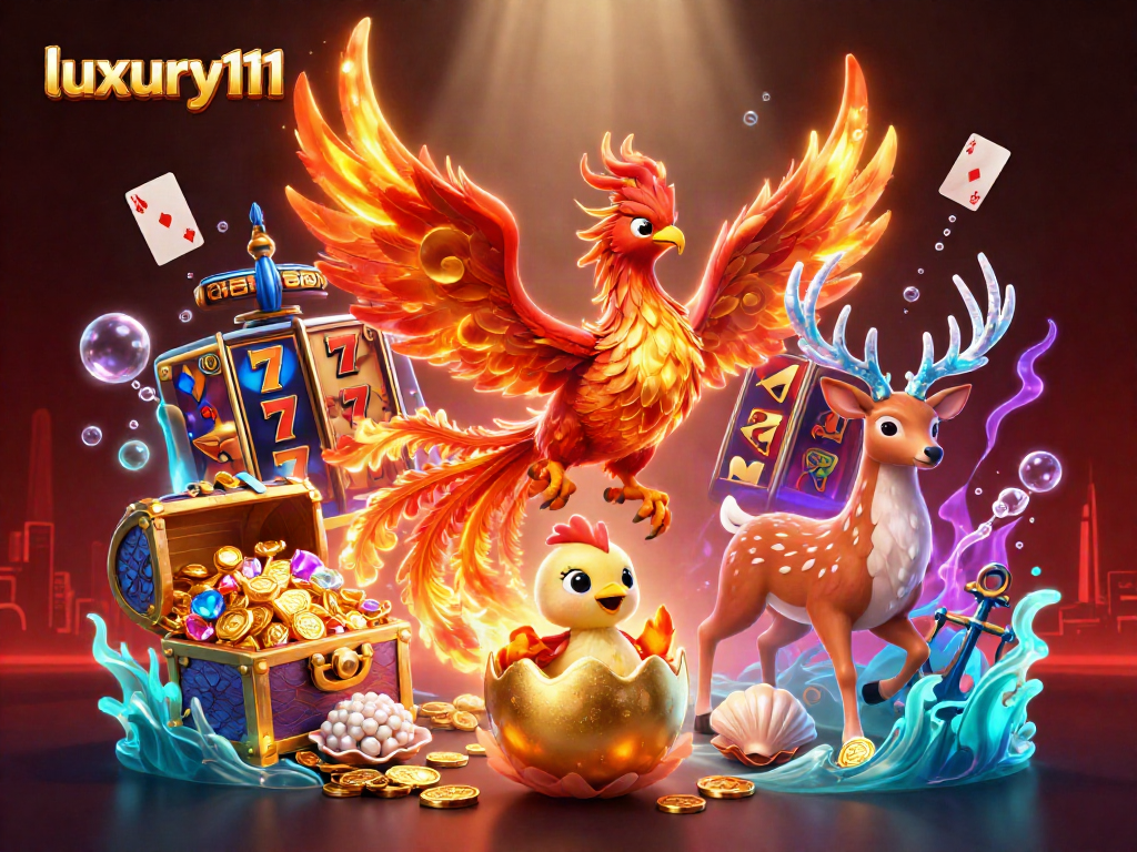Experience the thrill of luxury111 slots with a dynamic scene featuring mythical characters and vibrant casino elements.