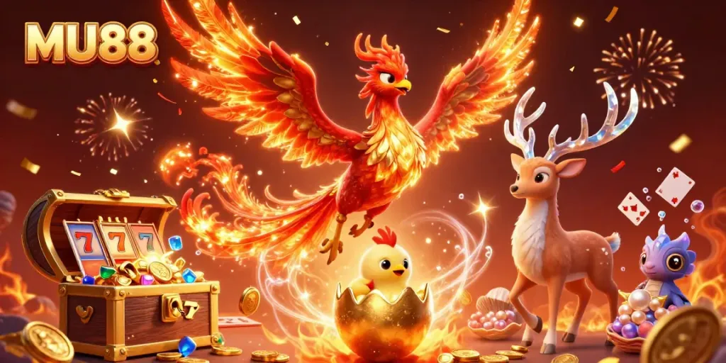 Experience the excitement of MU88 with a vibrant casino-themed illustration featuring a phoenix and gaming elements.