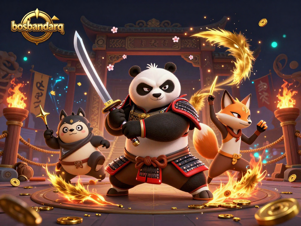 Experience the thrill of bosbandarq with an exciting vibrant gaming scene featuring samurai panda and ninja fox.