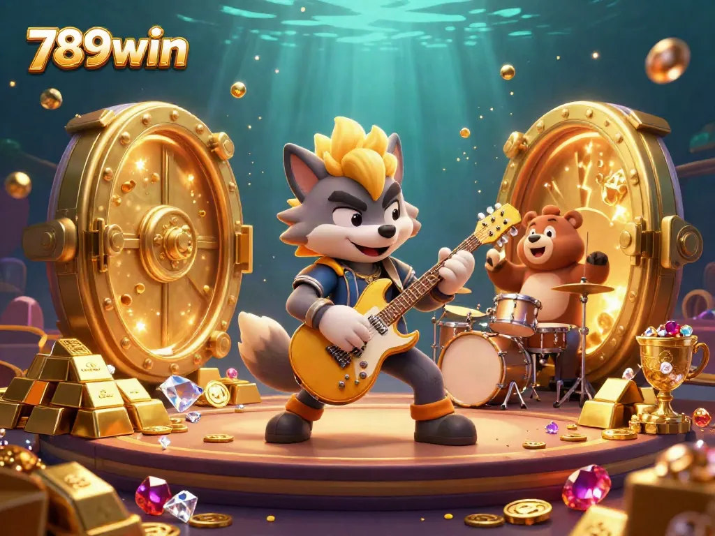 Engage in thrilling casino action at 789win, featuring an electric wolf guitarist with treasure bursts and rich gaming elements.