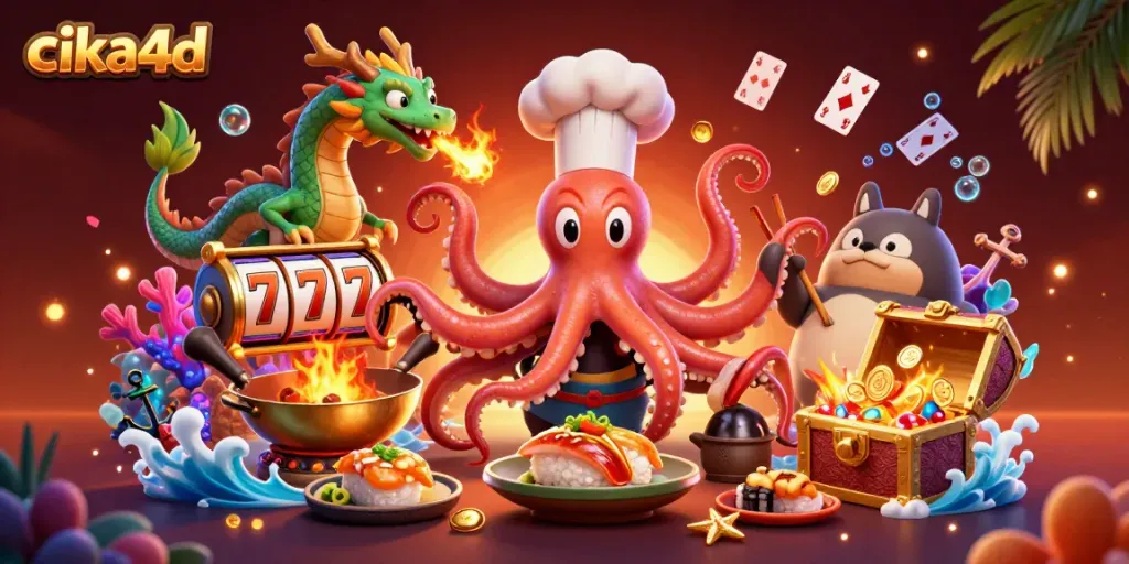 Experience cika4d's dynamic casino adventure featuring a sushi chef octopus, dragon, and tanuki.