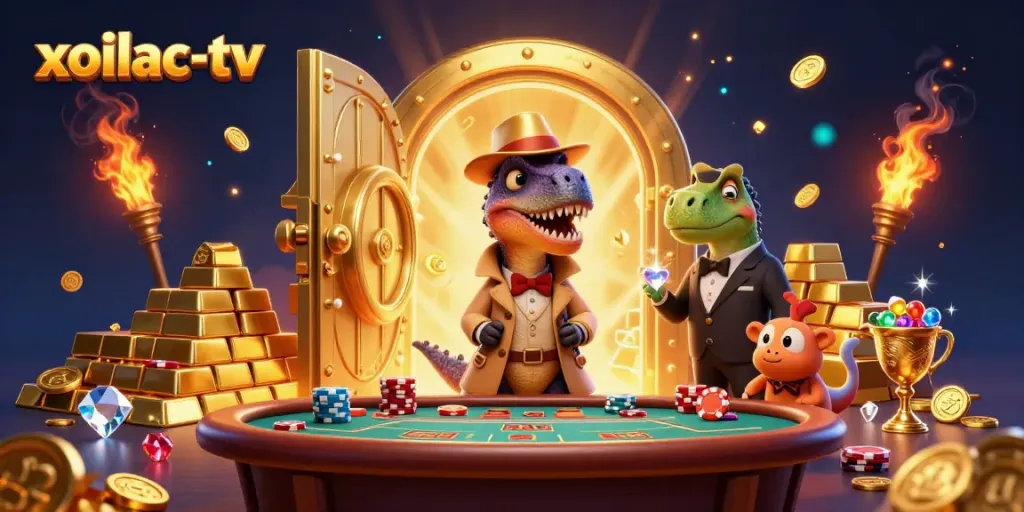 Xoilac-TV features a cunning velociraptor card counter amidst a vibrant casino scene with shining gold.