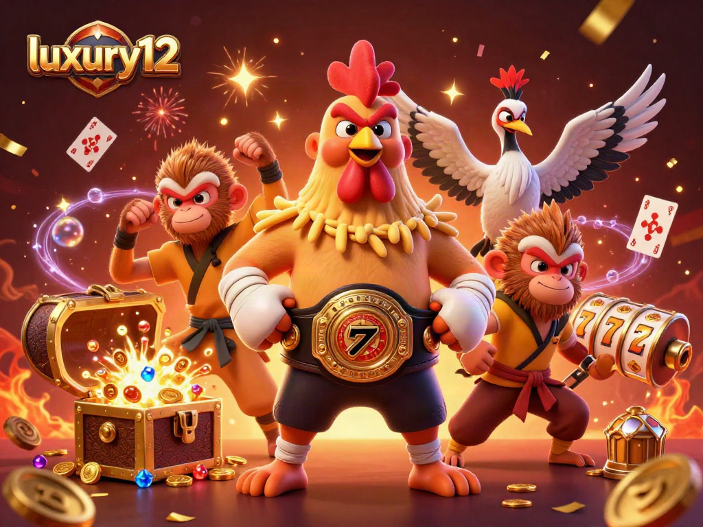 Experience thrilling gameplay with luxury12 featuring a colorful 3D casino illustration of characters amidst vibrant games.