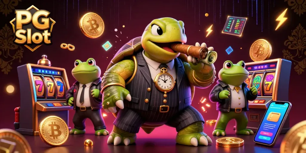Engage with PG Slot's vibrant casino scene featuring a mobster turtle and enforcers, complete with slot reels and neon crypto coins.