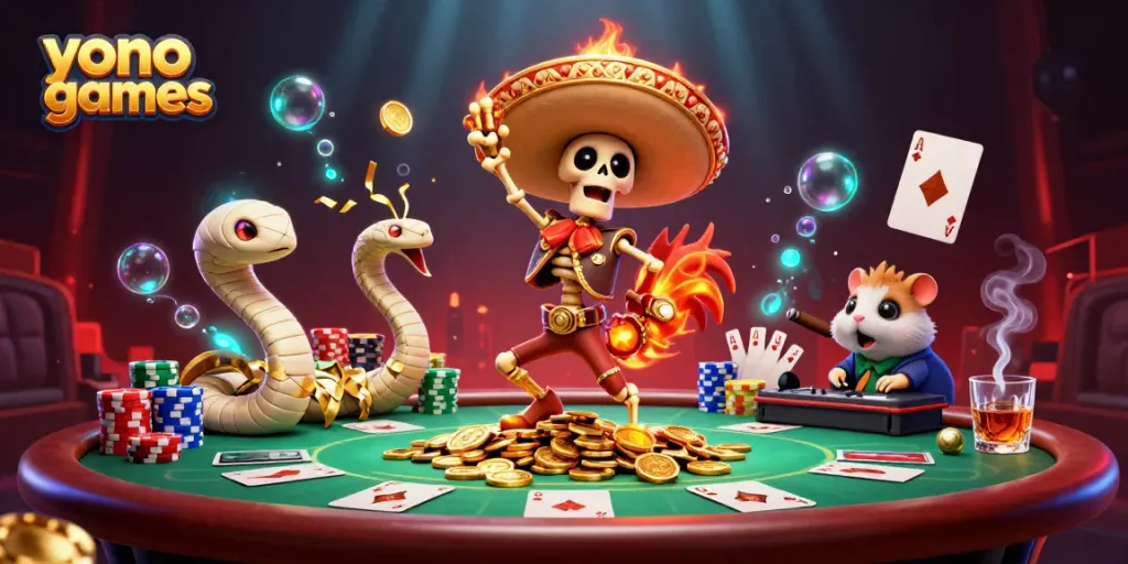 Engage with yono games through vibrant 3D characters celebrating on a lively casino backdrop.