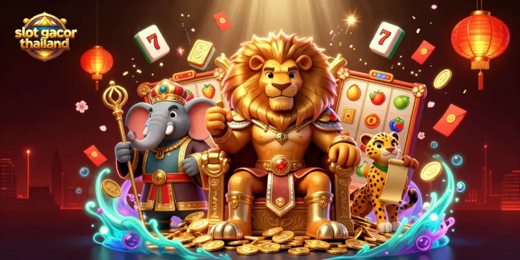 Experience slot gacor thailand with a 3D illustration showcasing vibrant casino elements and characters.