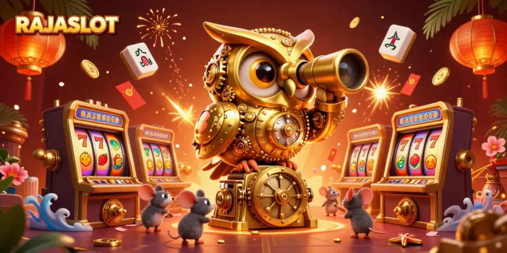 RAJASLOT menampilkan suasana kasino yang penuh warna dengan burung hantu emas dan suara mesin slot.