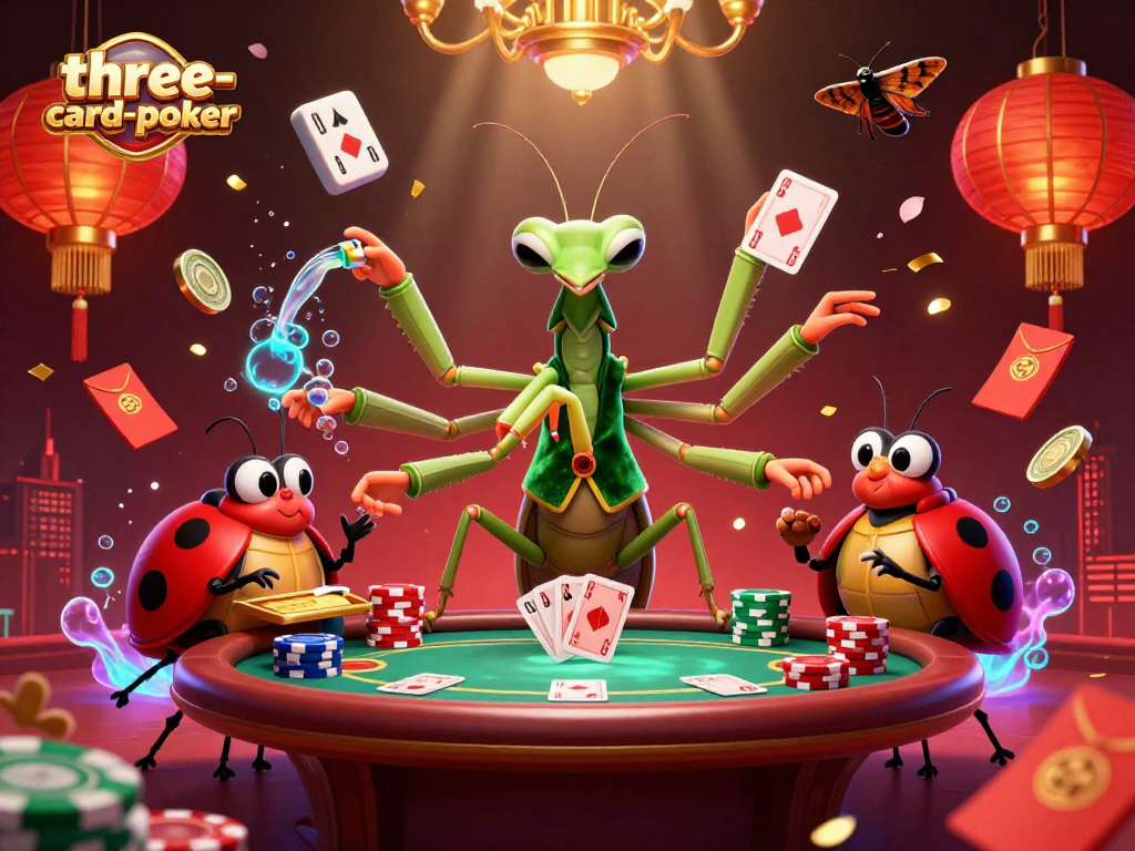 Experience the excitement of three-card-poker with a vibrant 3D scene featuring card shuffling and champagne pouring.