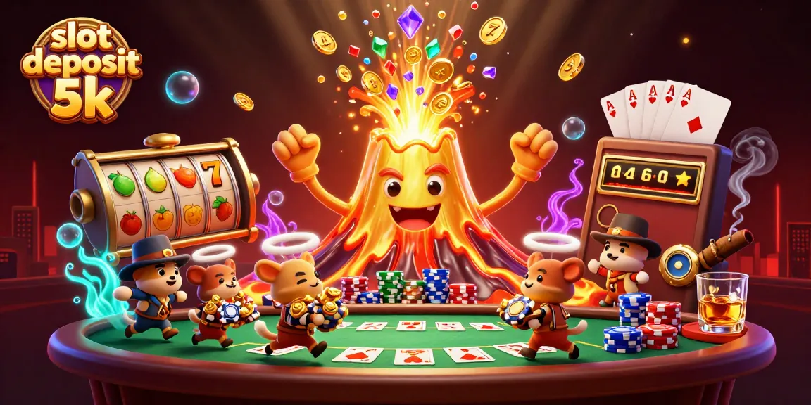 Gambarkan slot deposit 5k yang memukau dengan gunung berapi emas dan hewan penjelajah membawa harta.