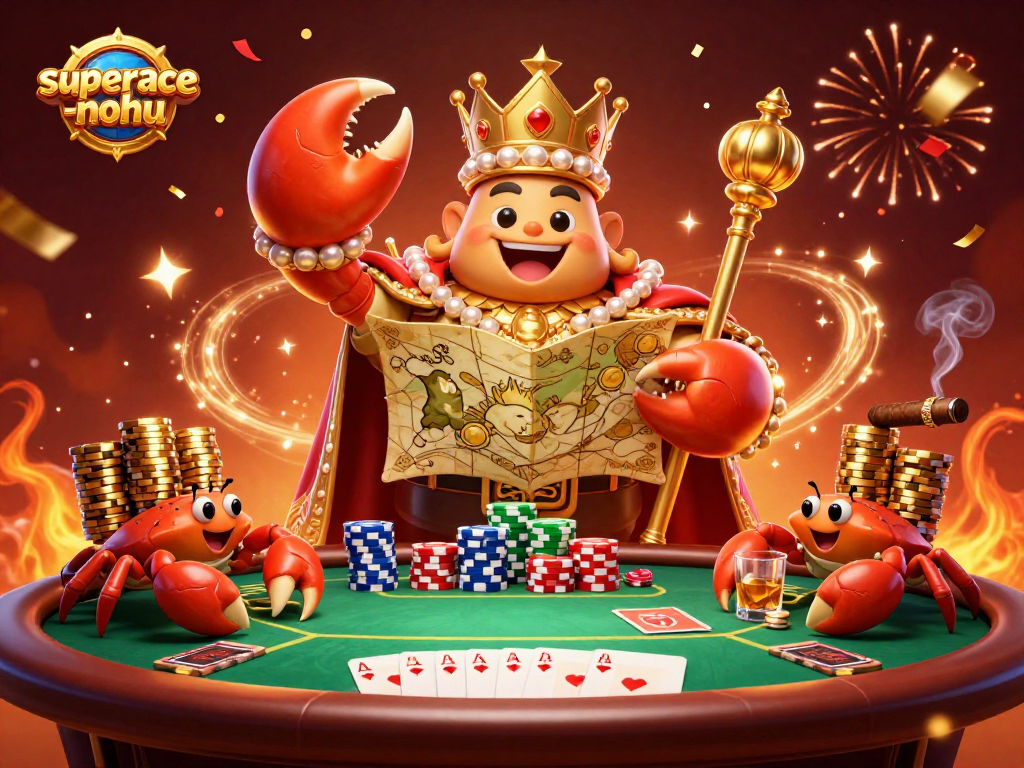Engage with superace-nohu's colorful poker scene featuring a golden crab holding a treasure map.