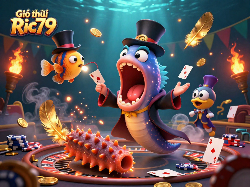 Experience Giới thiệu Ric79 with exciting card tricks and vibrant casino energy from animated sea characters.