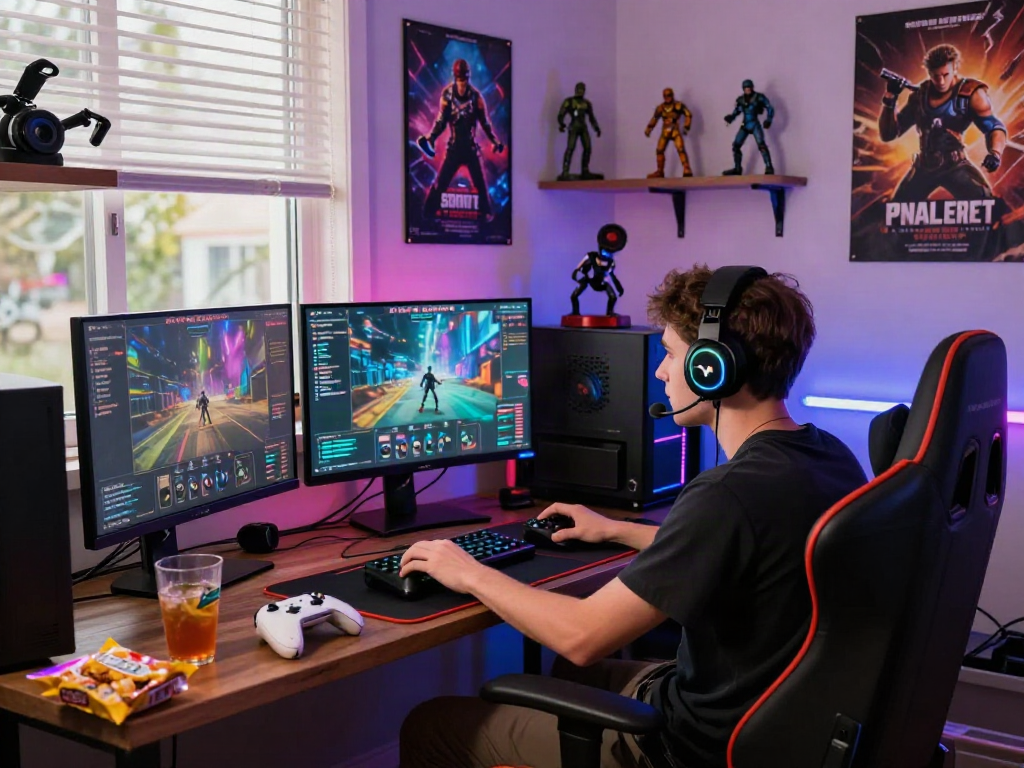 Gamer immersed in a porn game in a vibrant gaming room with RGB lights.
