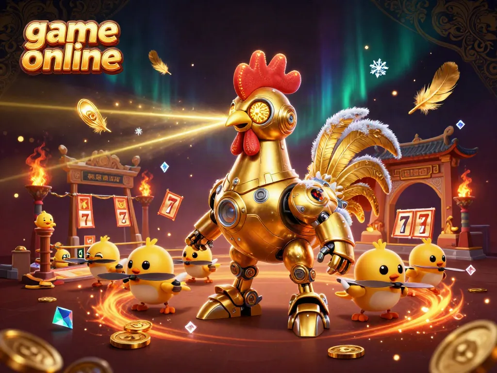Experience game online excitement with a futuristic golden rooster robot and vibrant gambling elements.