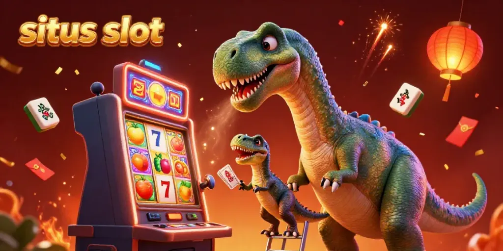Experience the excitement of situs slot with a cartoon brontosaurus and raptor in a vibrant casino scene.