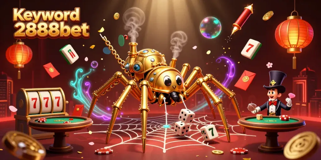 Engage with the exciting 2888bet gaming experience featuring a steampunk spider, poker chips, and vivid casino elements.