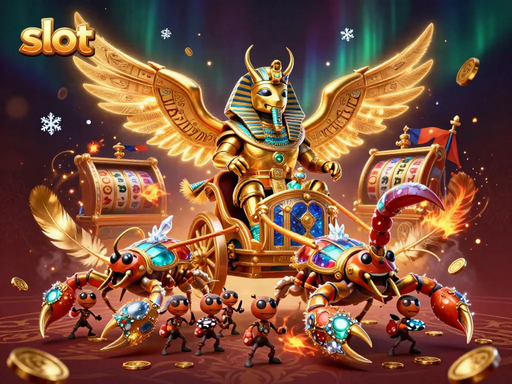 Experience thrilling slot action with a colossal scarab beetle in a dynamic casino scene.