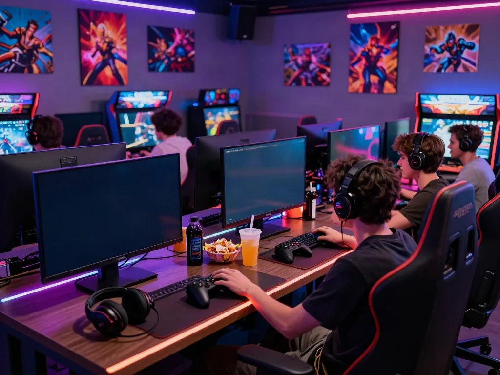 A group of friends enjoying A80 gaming in a vibrant lounge.