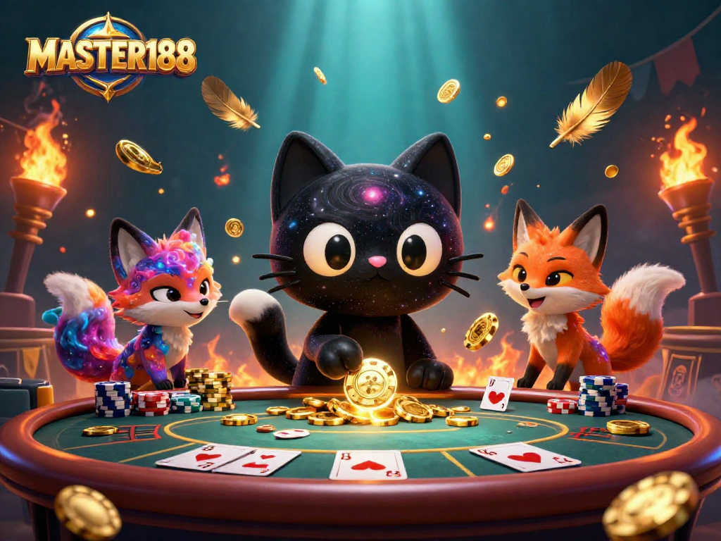Engage with the MASTER188 cosmic poker scene featuring colorful characters and immersive casino elements.