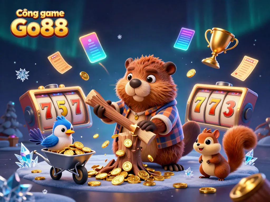 Cổng game Go88 showcases a vibrant cartoon scene where characters interact amidst a cascade of golden coins and exciting gaming elements.