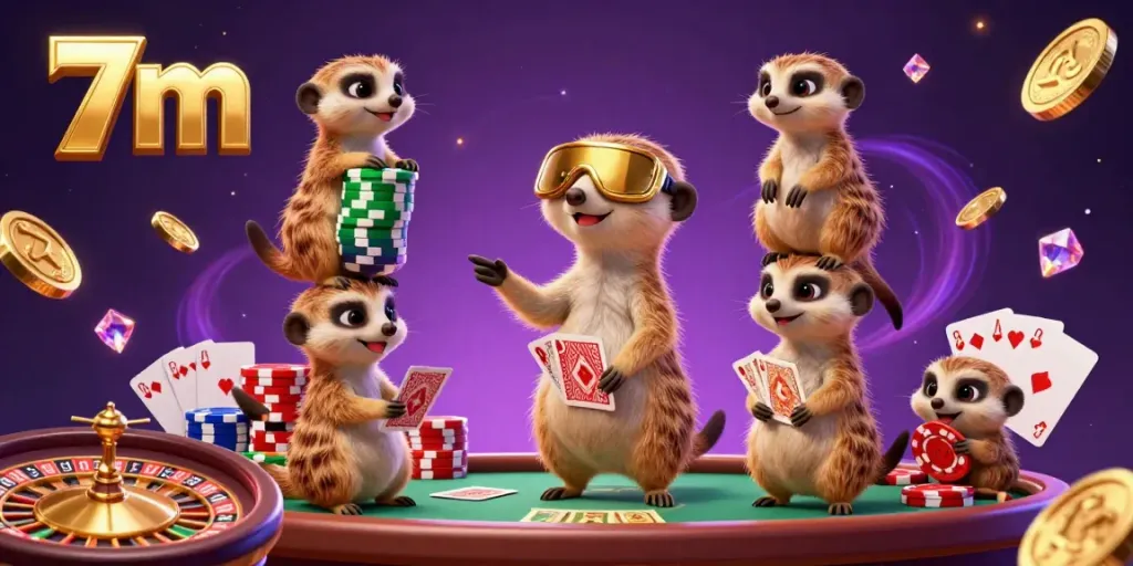 Sneaky meerkats engage in a vibrant casino scene at 7m, highlighting lively games and colorful chips.