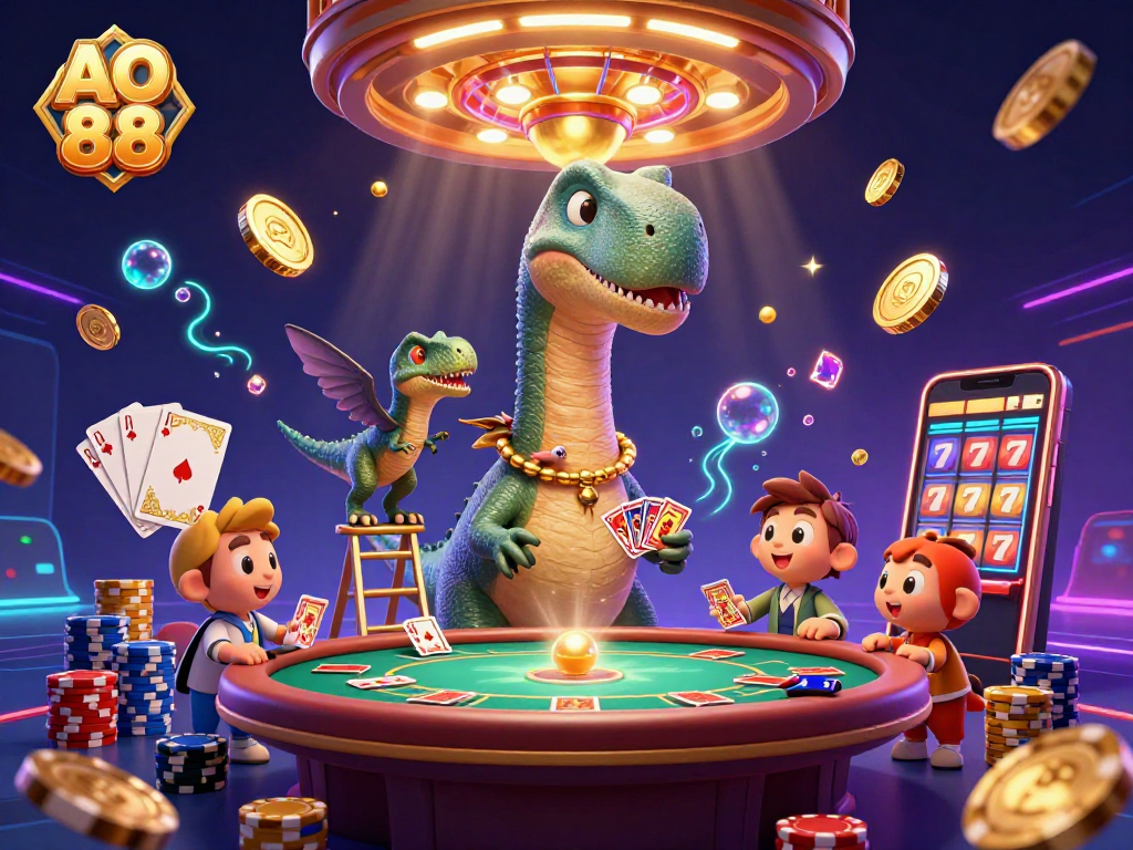 Experience thrilling wins at AO 88 with exciting casino scenes featuring vibrant dinosaurs and dynamic game elements.