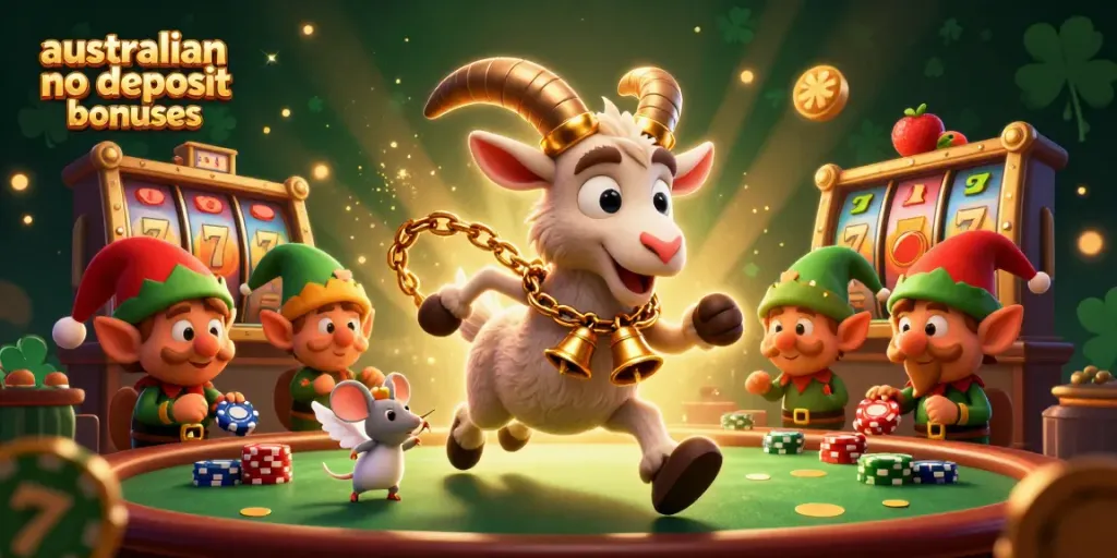 australian no deposit casino bonuses showcased with a festive Krampus goat in a lively casino scene.