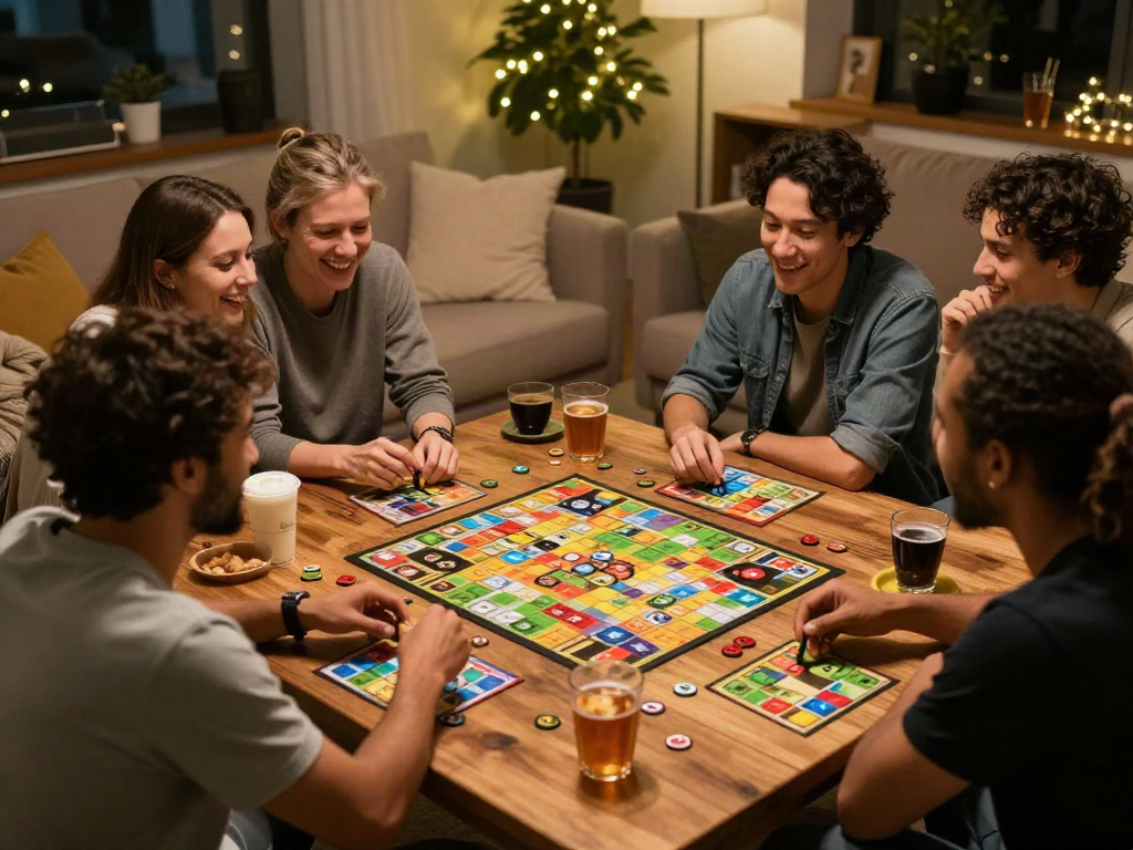 Adults enjoying sex games in a cozy living room with snacks and laughter