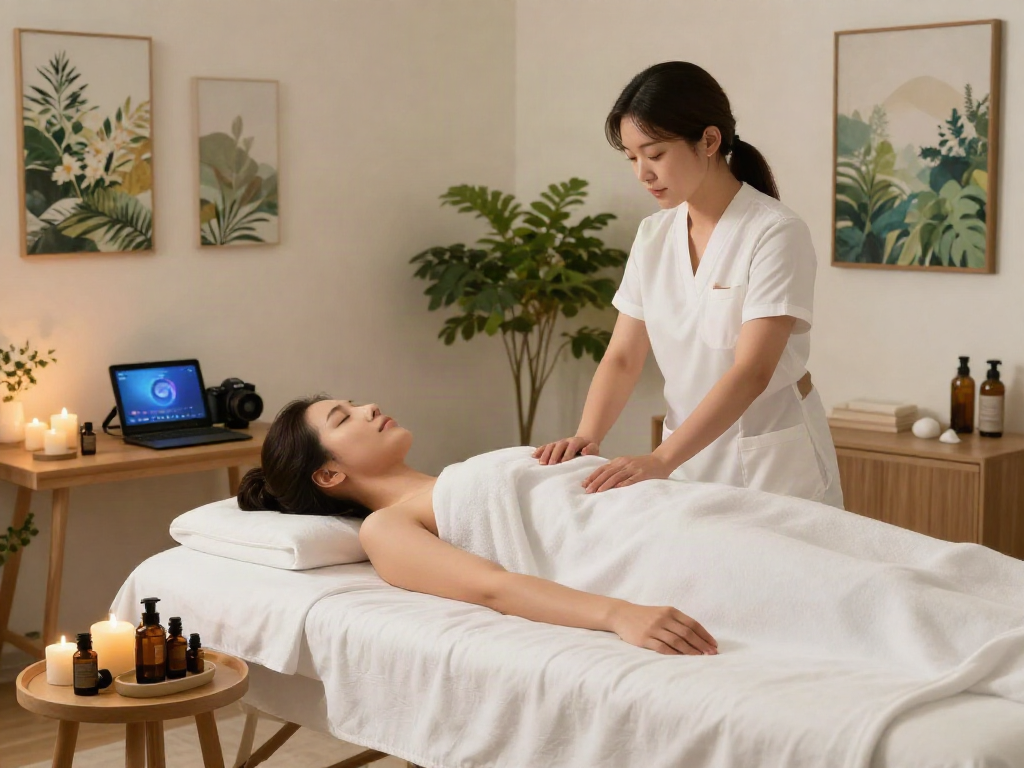 Enjoying a peaceful 강북출장마사지 in a tranquil home environment with soothing lighting and relaxing elements.
