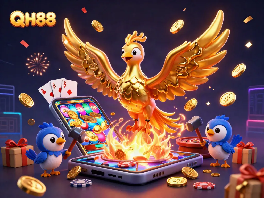 QH88 brings excitement to gaming with a phoenix and dynamic casino elements in a vibrant illustration.