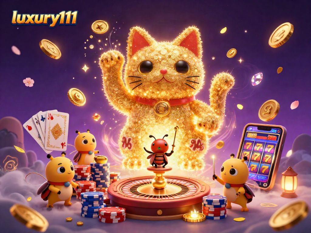 Lucky cat made of golden fireflies and casino symbols celebrates winnings at luxury111 casino.