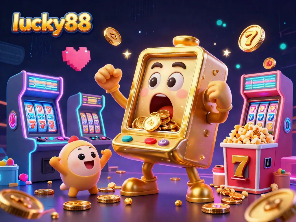 Experience thrilling wins at lucky88 with our animated golden slot machine celebrating its jackpot amidst a vibrant casino scene.