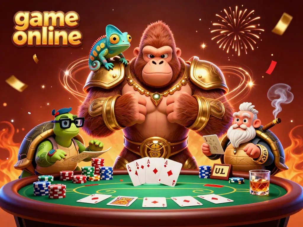 Engage with the thrill of game online, witnessing a cartoon gorilla king and companions at an energetic casino scene.