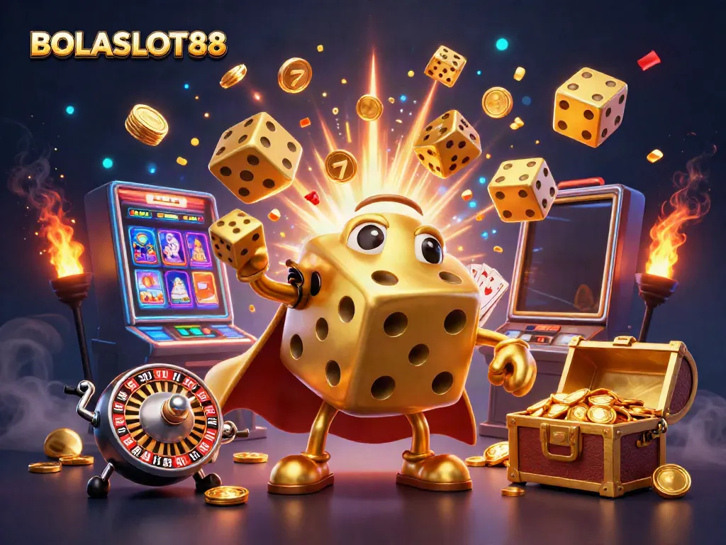 BOLASLOT88 showcases an exciting 3D interactive casino scene with vibrant visuals and engaging game elements.