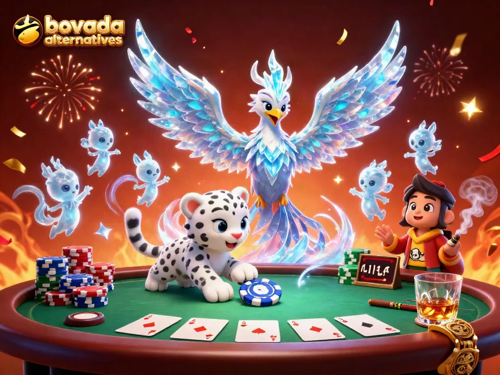 Experience thrilling bovada alternatives at a dynamic poker scene with vibrant characters and festive elements.